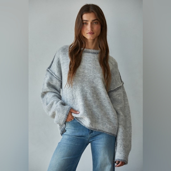 By Together Sweaters - By Together Oversized Gray Exposed Seam Fuzzy Soft Knit Stretch Sweater Boutique